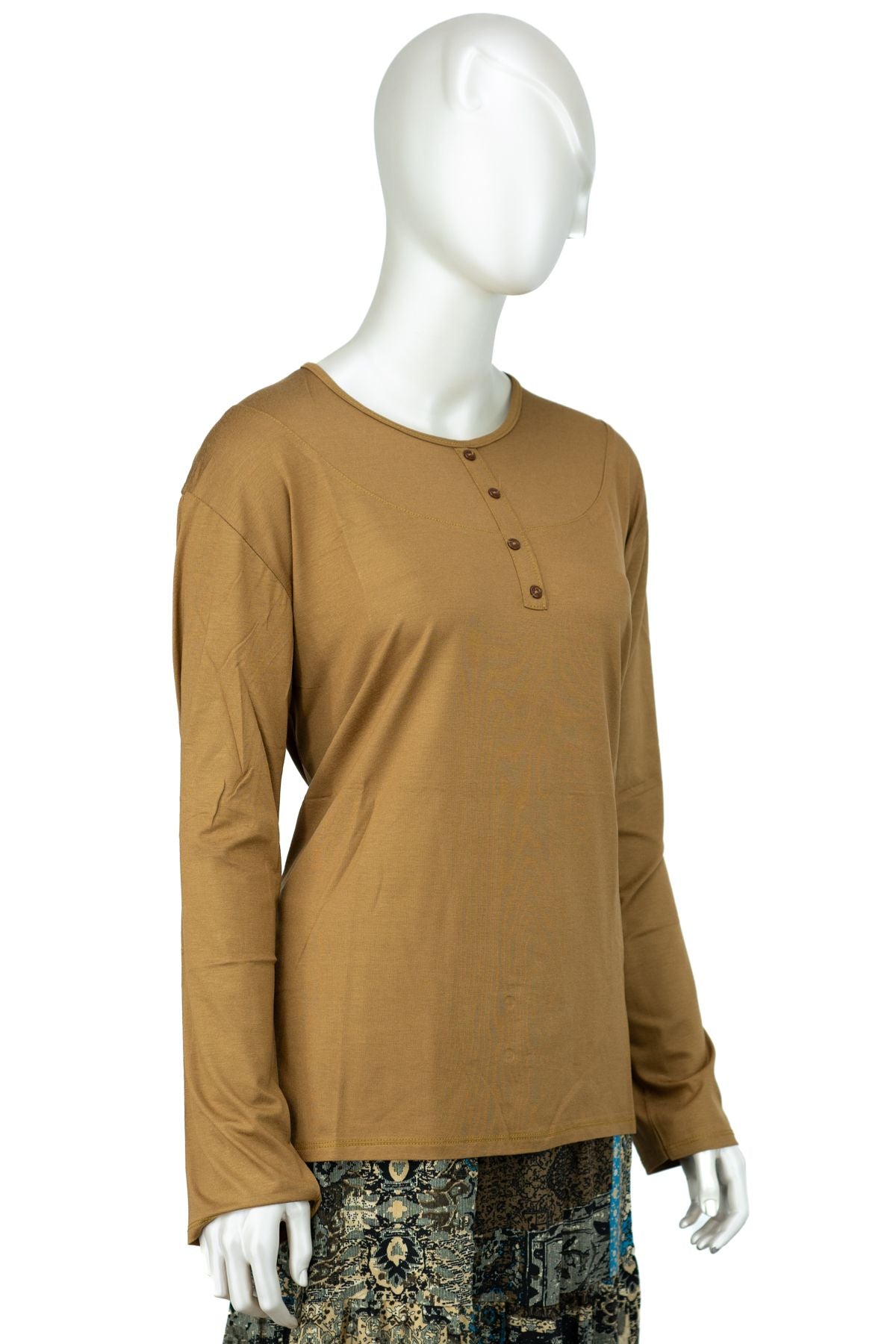 Kadın Klasik Düğme Desenli Yuvarlak Yaka Rahat Büyük Beden Viskon Penye Kumaş Anne Bluz